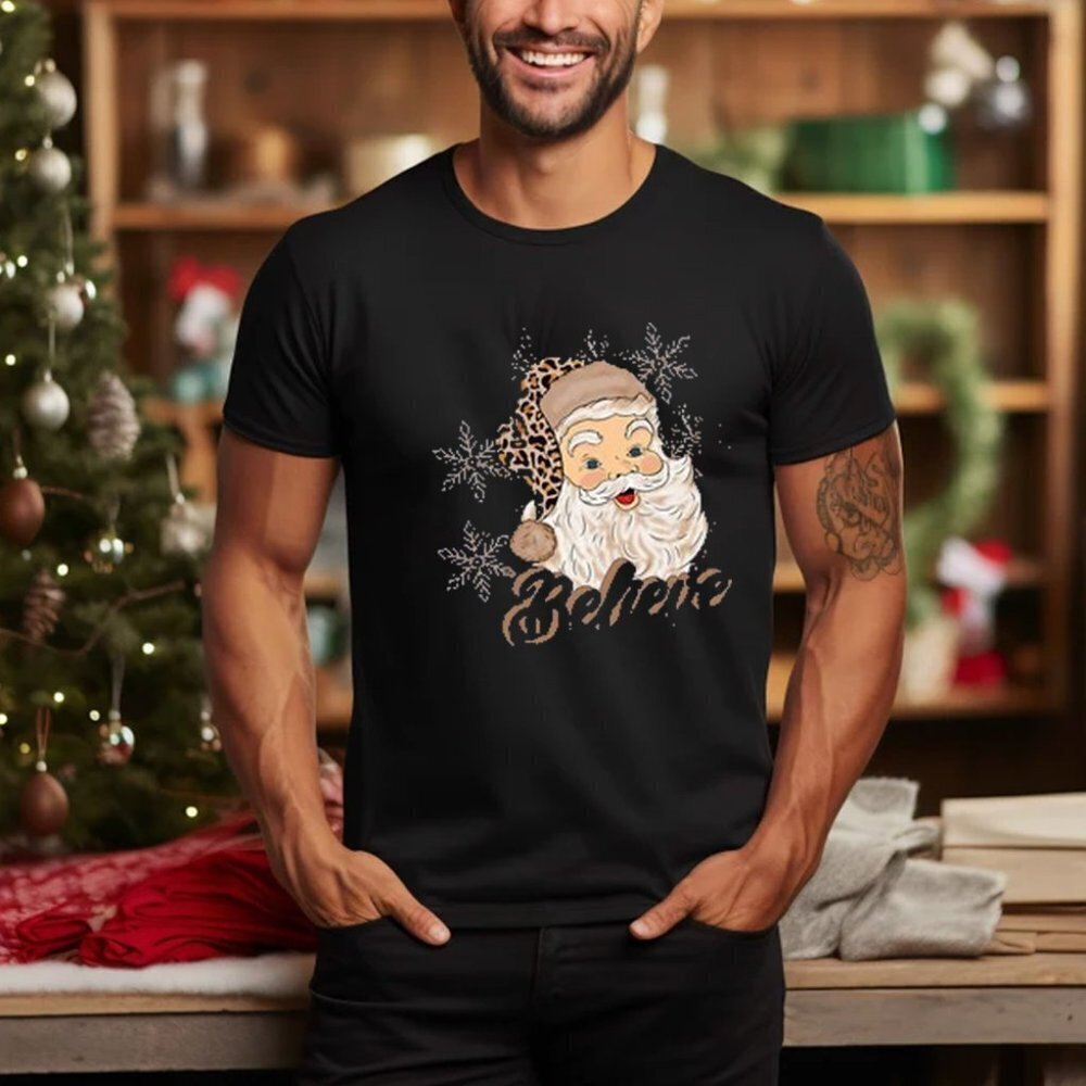 Leopard Santa T Shirt Santa Believe T Shirt  Gift For Her